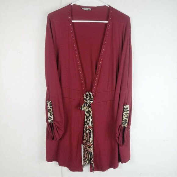 Vintage Cardigan Womens XL Red Studded Animal Print Tie Front Boho Maximalist - Picture 7 of 7